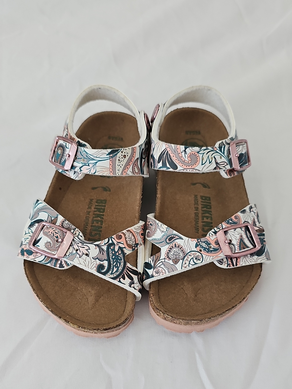 Birkenstock Kids Paisley Print Sandals in Pink, Teal & White